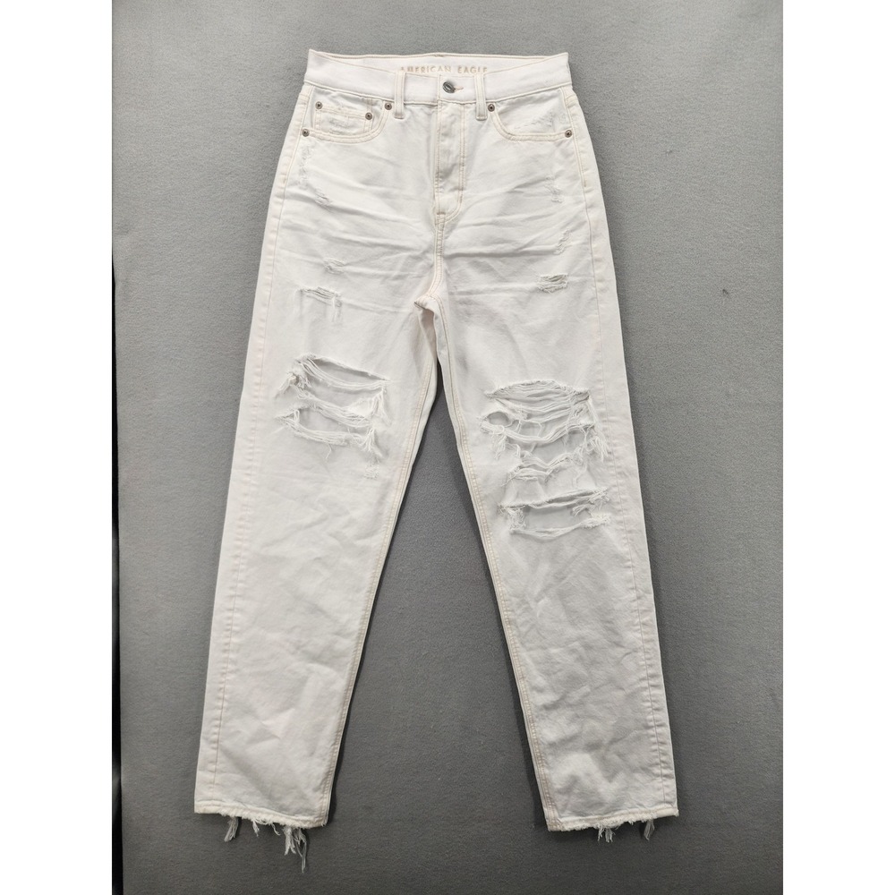American Eagle White Distressed Mom Jeans‎ High Waisted Ripped Denim Womens SZ 2